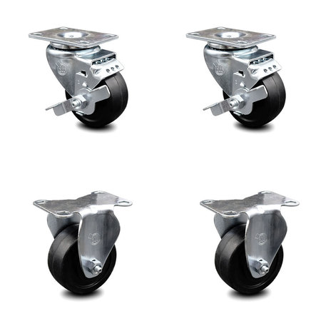 SERVICE CASTER 3.5 Inch Soft Rubber Swivel Top Plate Caster Set with 2 Brakes 2 Rigid SCC SCC-20S3514-SRS-TLB-2-R-2